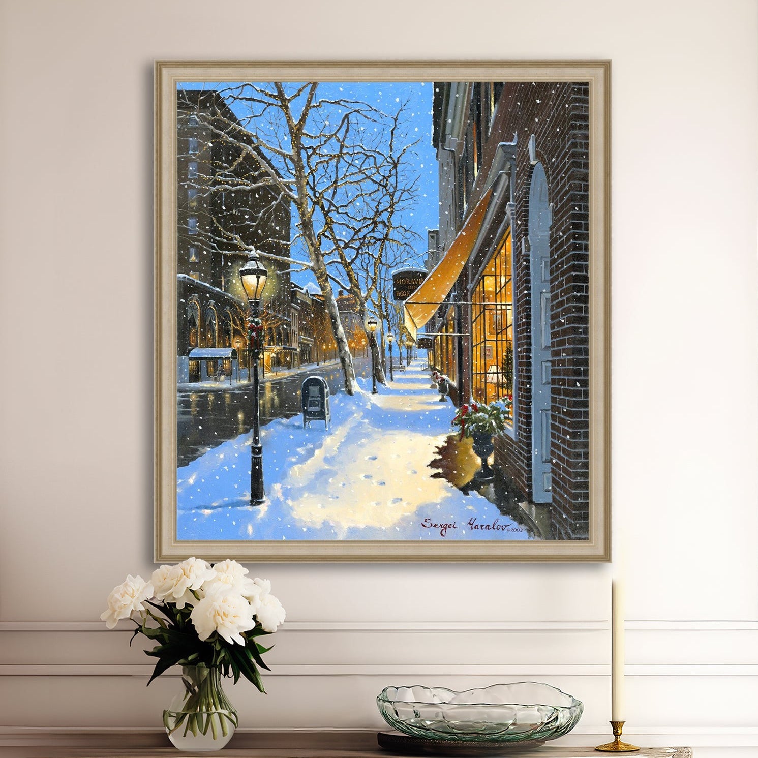 A canvas print of Moravian Bookshop, a snowy street scene in Bethlehem with footprints on the snow.
