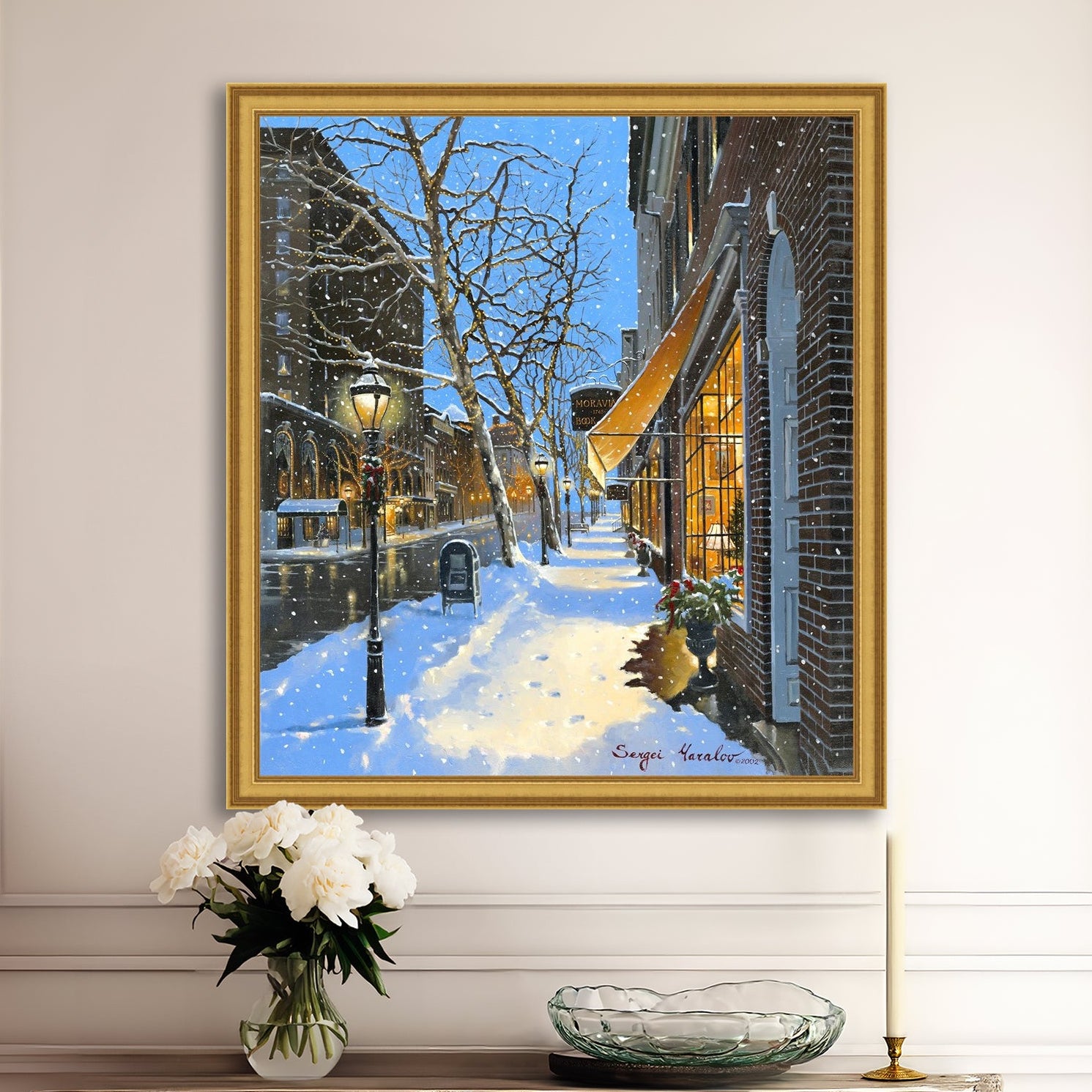 A canvas print of Moravian Bookshop, a snowy street scene in Bethlehem with footprints on the snow.