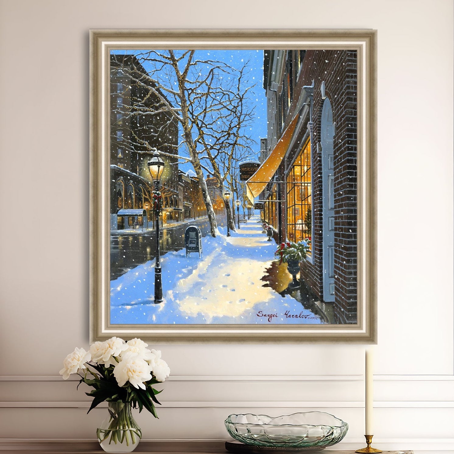 A canvas print of Moravian Bookshop, a snowy street scene in Bethlehem with footprints on the snow.