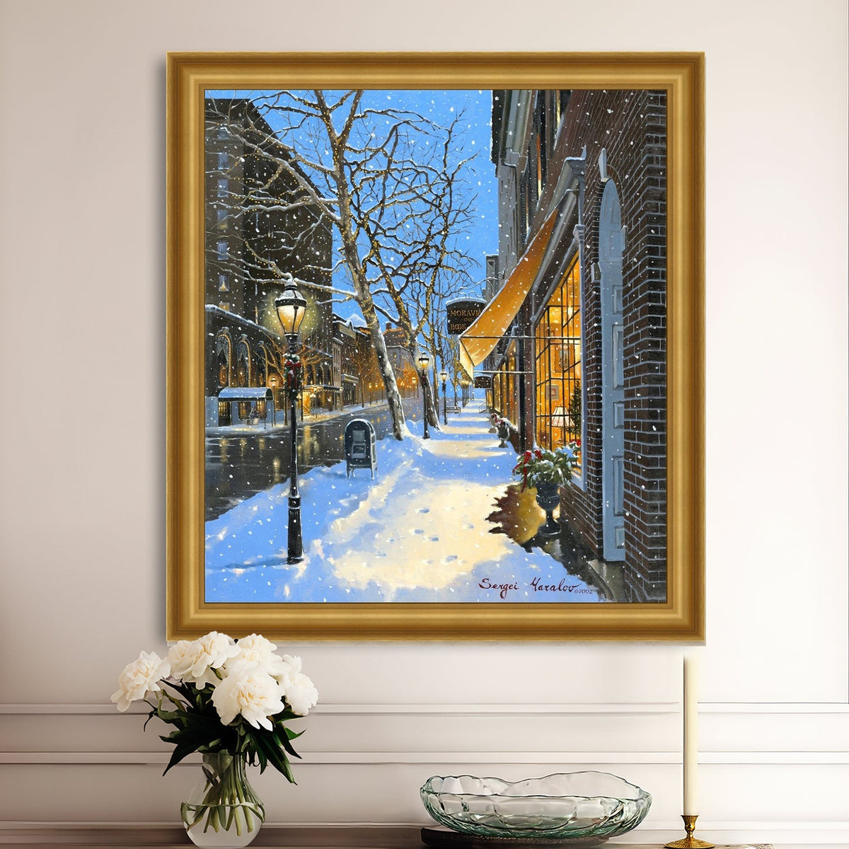 A canvas print of Moravian Bookshop, a snowy street scene in Bethlehem with footprints on the snow.