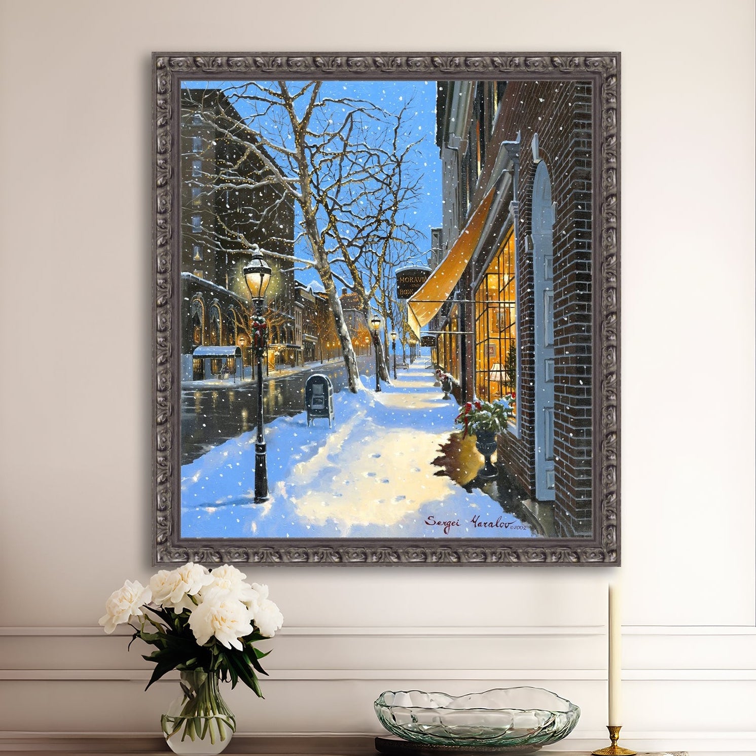 A canvas print of Moravian Bookshop, a snowy street scene in Bethlehem with footprints on the snow.