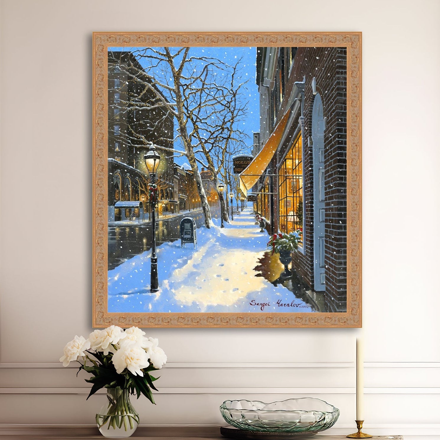 A canvas print of Moravian Bookshop, a snowy street scene in Bethlehem with footprints on the snow.