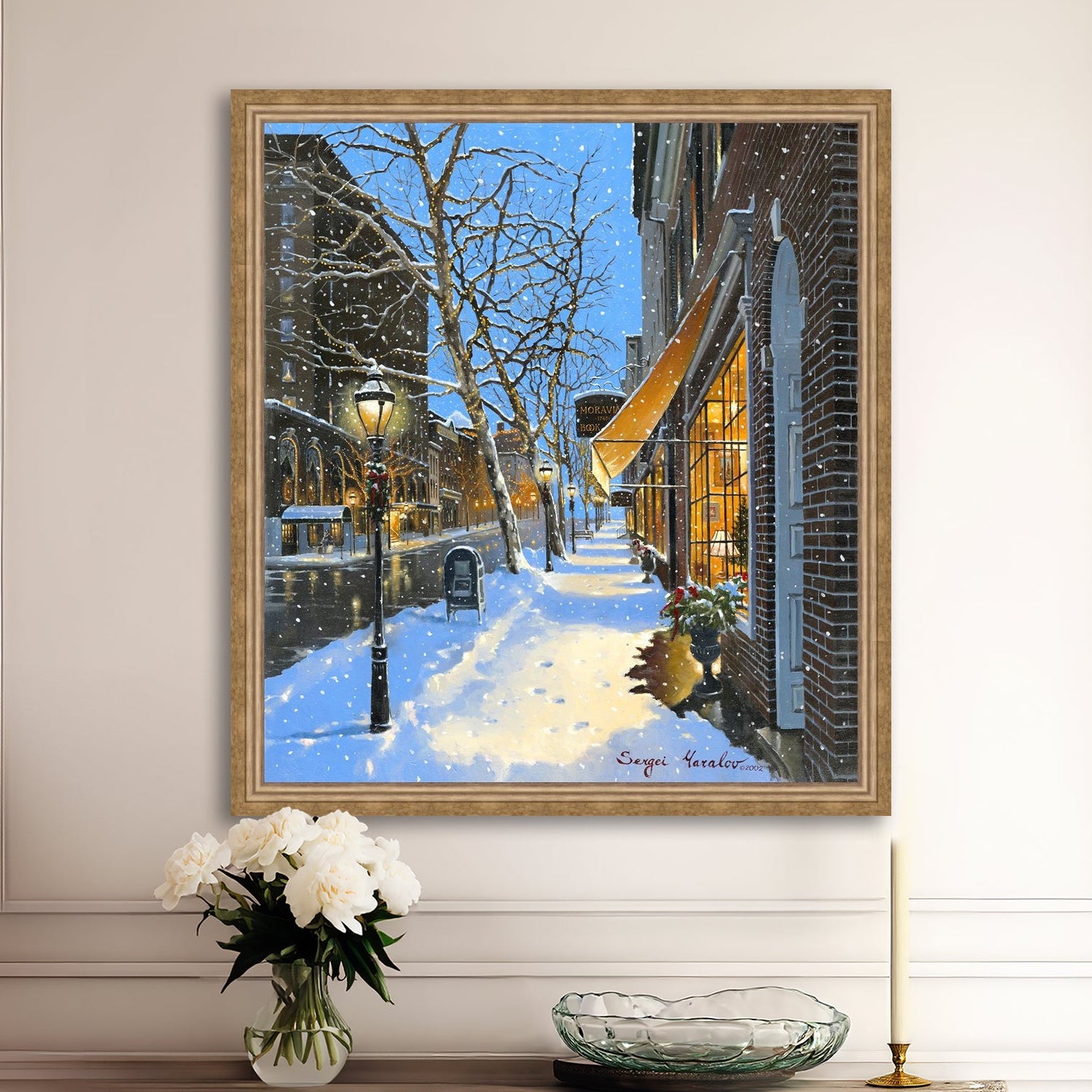 A canvas print of Moravian Bookshop, a snowy street scene in Bethlehem with footprints on the snow.