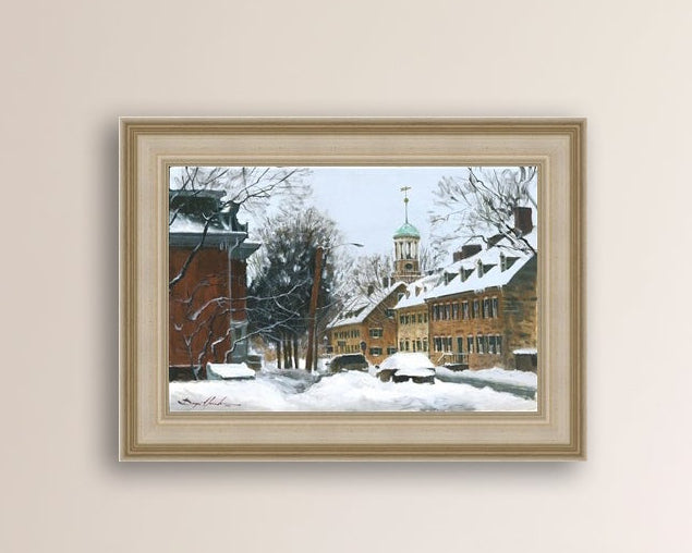 A canvas print depicting a snowy scene on Church Street with the Moravian Chapel and Church in the background.
