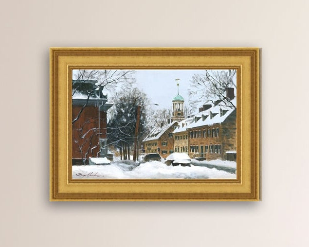 A canvas print depicting a snowy scene on Church Street with the Moravian Chapel and Church in the background.