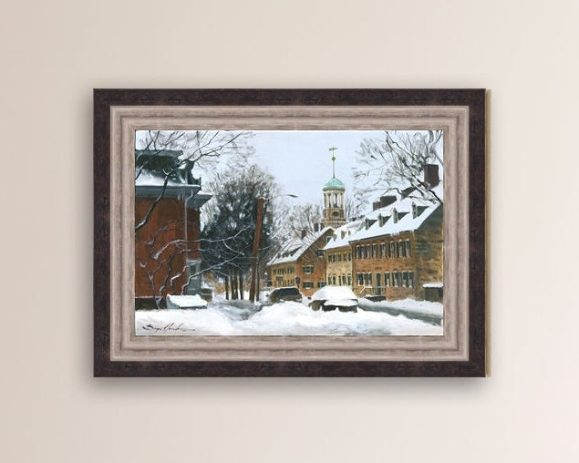 A canvas print depicting a snowy scene on Church Street with the Moravian Chapel and Church in the background.
