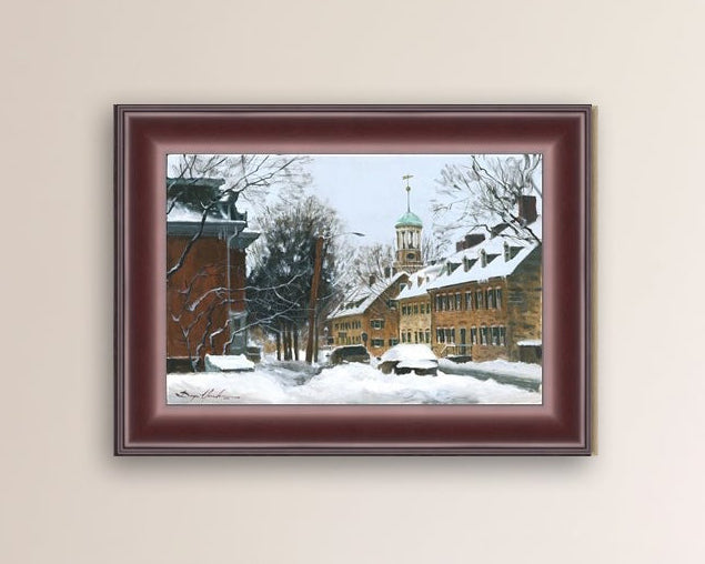 A canvas print depicting a snowy scene on Church Street with the Moravian Chapel and Church in the background.