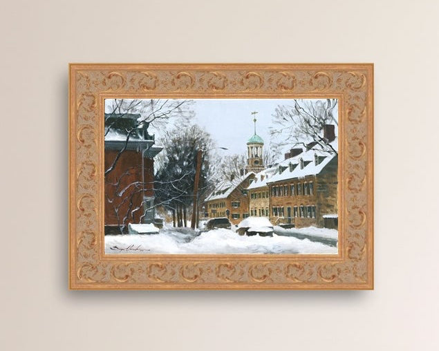 A canvas print depicting a snowy scene on Church Street with the Moravian Chapel and Church in the background.