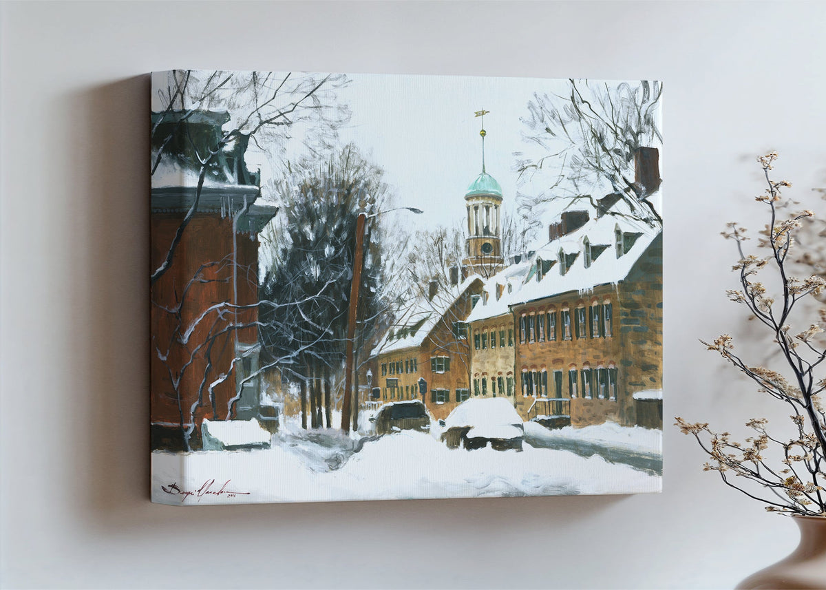 A canvas print depicting a snowy scene on Church Street with the Moravian Chapel and Church in the background.