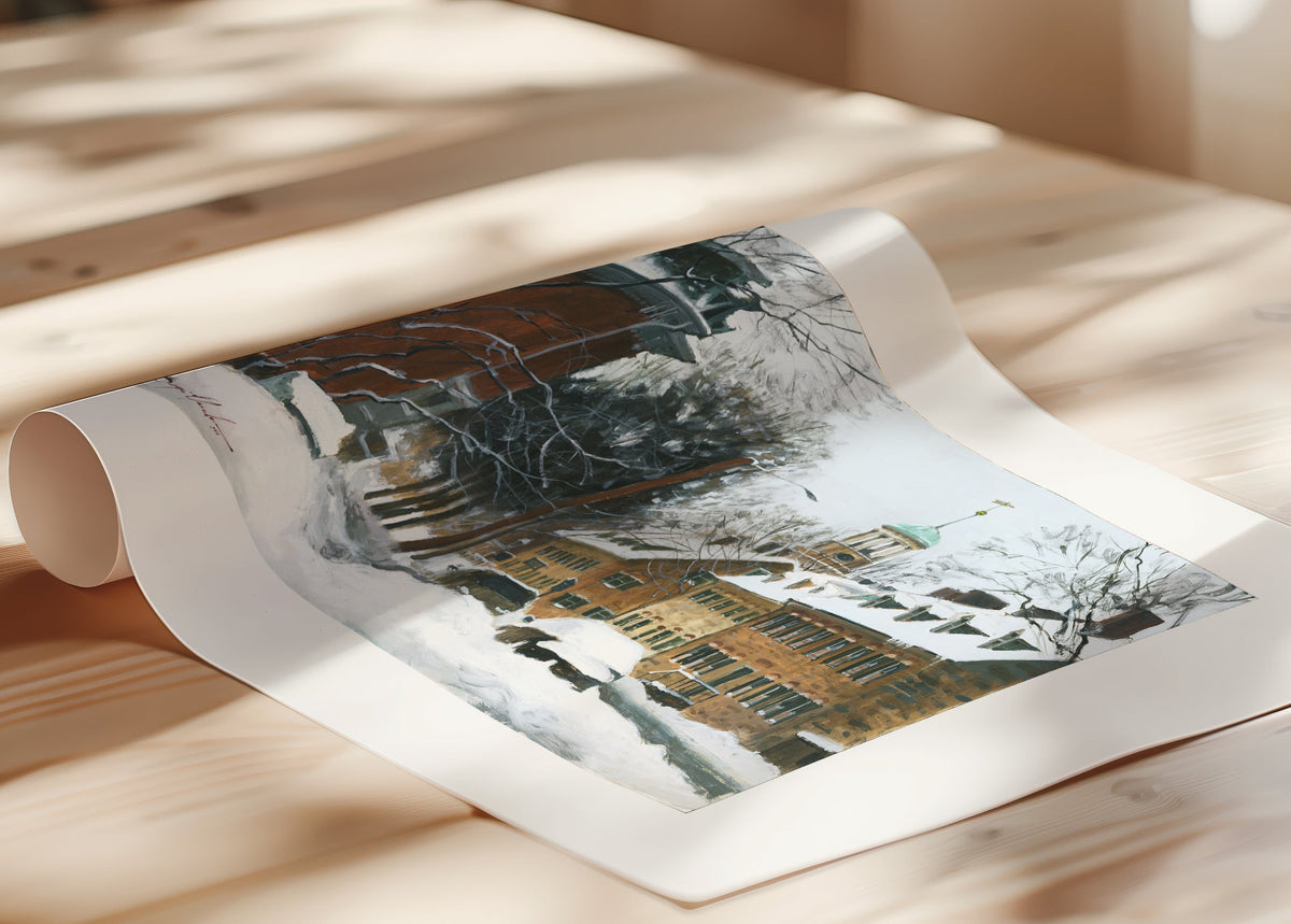 A canvas print depicting a snowy scene on Church Street with the Moravian Chapel and Church in the background.