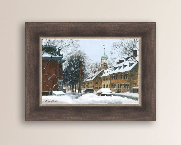 A canvas print depicting a snowy scene on Church Street with the Moravian Chapel and Church in the background.
