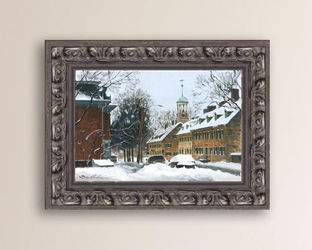 A canvas print depicting a snowy scene on Church Street with the Moravian Chapel and Church in the background.