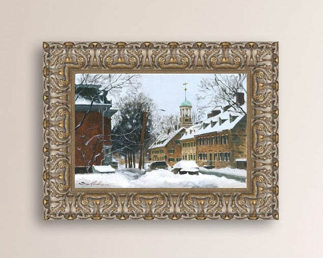 A canvas print depicting a snowy scene on Church Street with the Moravian Chapel and Church in the background.
