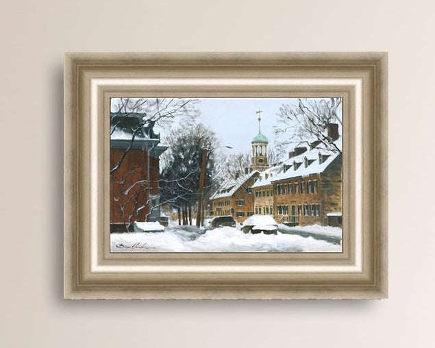 A canvas print depicting a snowy scene on Church Street with the Moravian Chapel and Church in the background.