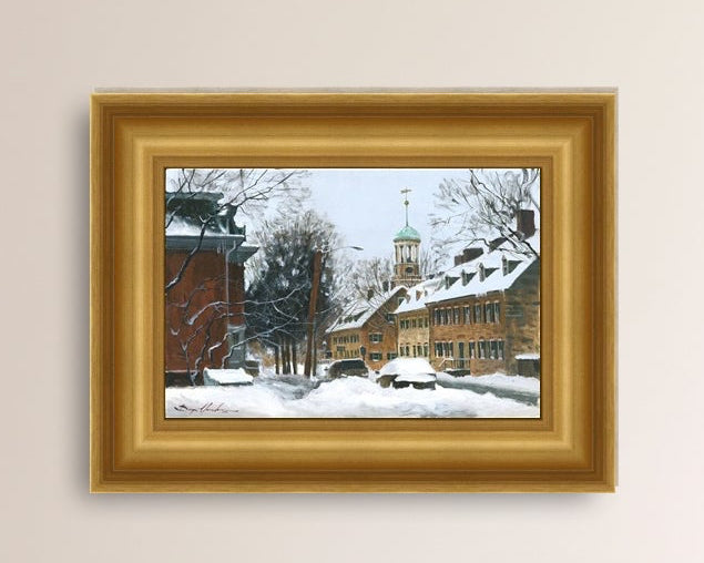 A canvas print depicting a snowy scene on Church Street with the Moravian Chapel and Church in the background.