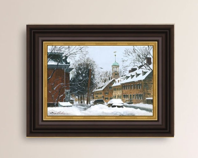 A canvas print depicting a snowy scene on Church Street with the Moravian Chapel and Church in the background.