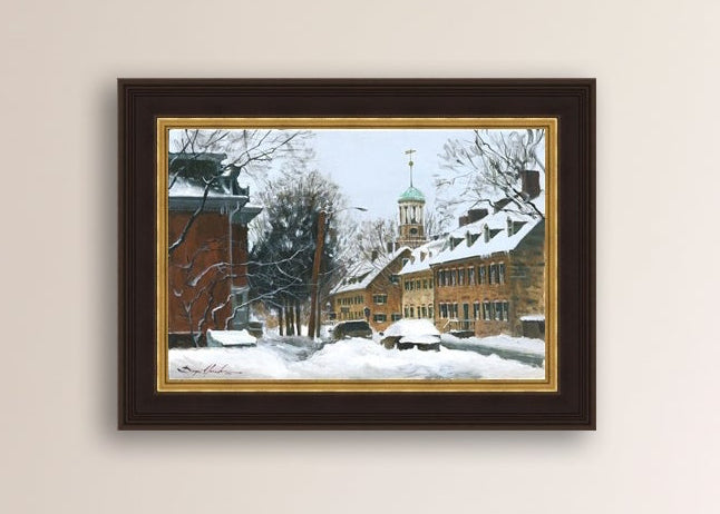 A canvas print depicting a snowy scene on Church Street with the Moravian Chapel and Church in the background.