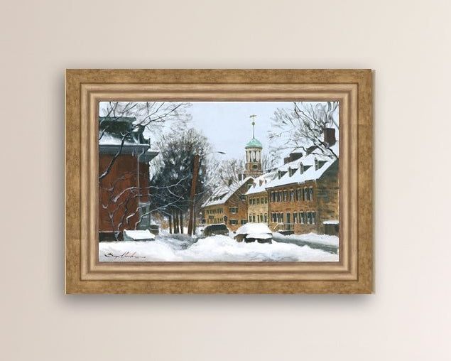 A canvas print depicting a snowy scene on Church Street with the Moravian Chapel and Church in the background.