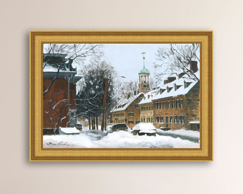 A canvas print depicting a snowy scene on Church Street with the Moravian Chapel and Church in the background.