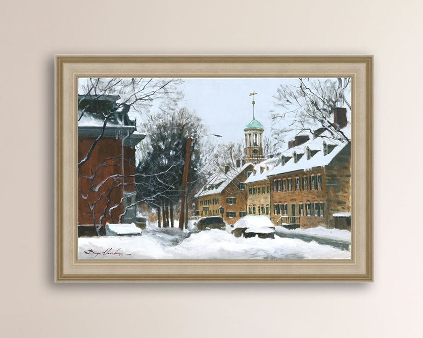 A canvas print depicting a snowy scene on Church Street with the Moravian Chapel and Church in the background.