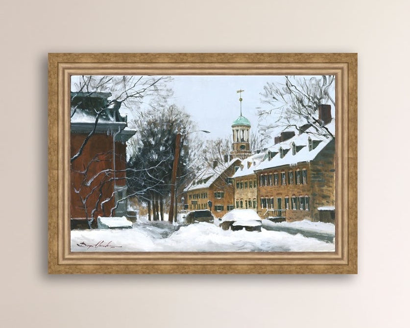 A canvas print depicting a snowy scene on Church Street with the Moravian Chapel and Church in the background.
