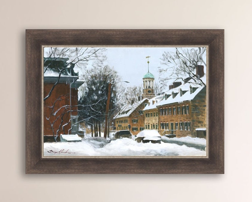 A canvas print depicting a snowy scene on Church Street with the Moravian Chapel and Church in the background.