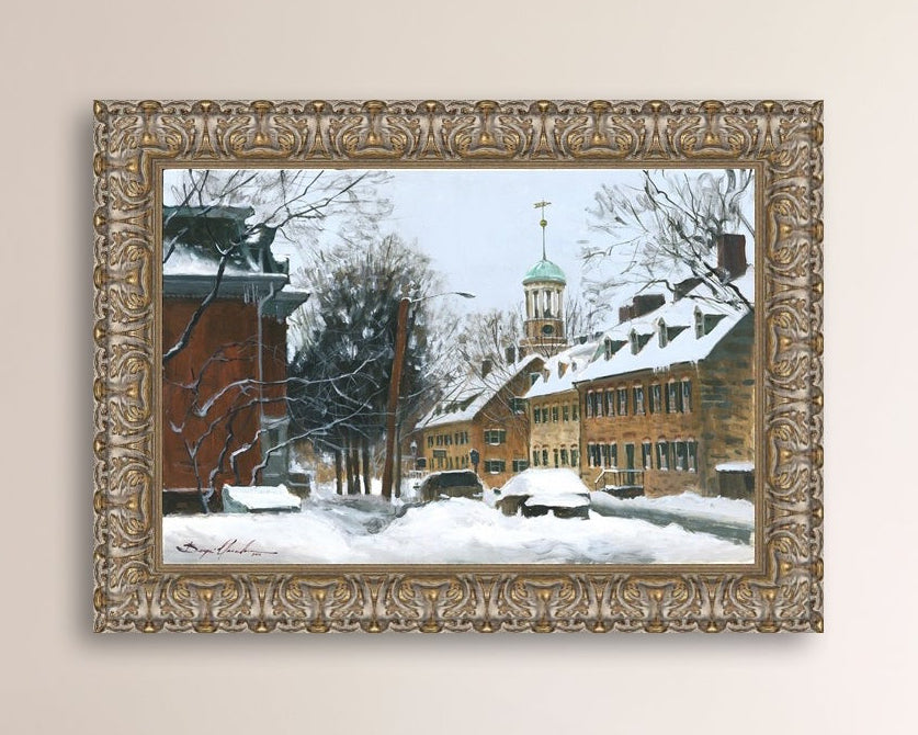 A canvas print depicting a snowy scene on Church Street with the Moravian Chapel and Church in the background.