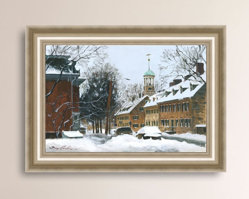 A canvas print depicting a snowy scene on Church Street with the Moravian Chapel and Church in the background.