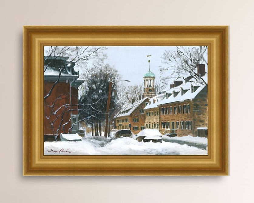 A canvas print depicting a snowy scene on Church Street with the Moravian Chapel and Church in the background.