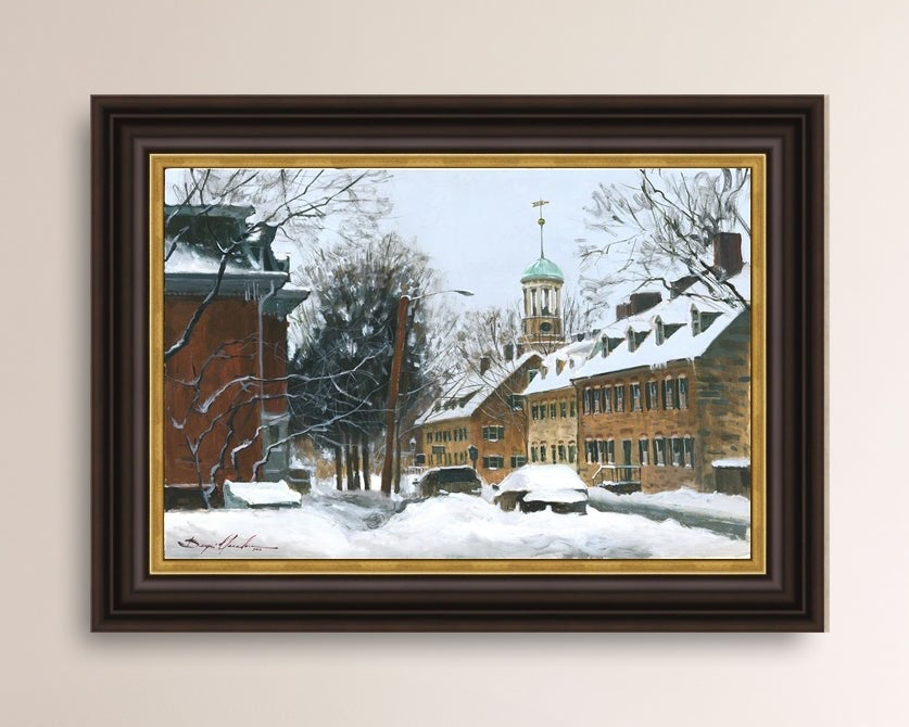 A canvas print depicting a snowy scene on Church Street with the Moravian Chapel and Church in the background.