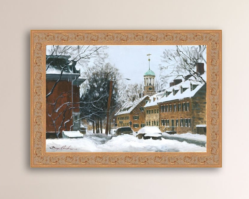 A canvas print depicting a snowy scene on Church Street with the Moravian Chapel and Church in the background.