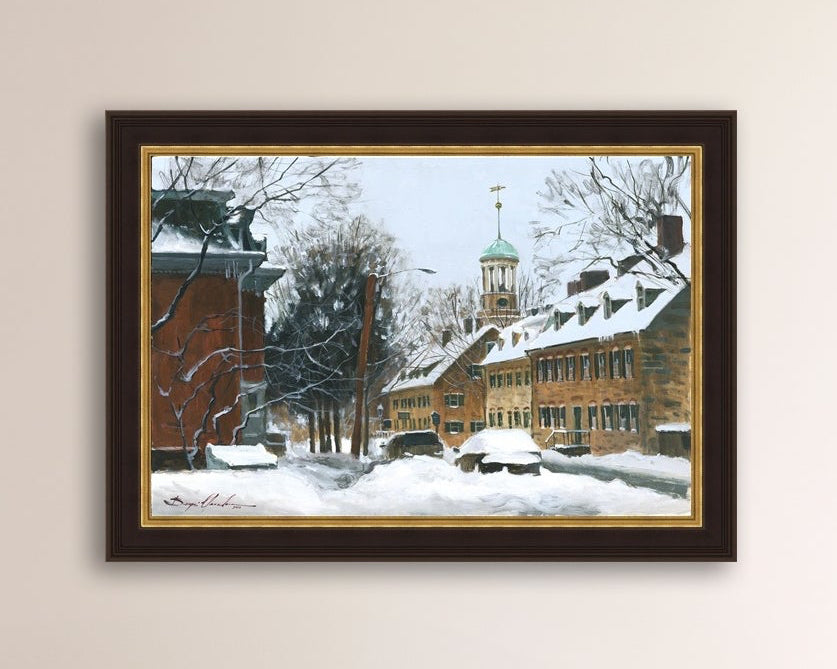 A canvas print depicting a snowy scene on Church Street with the Moravian Chapel and Church in the background.