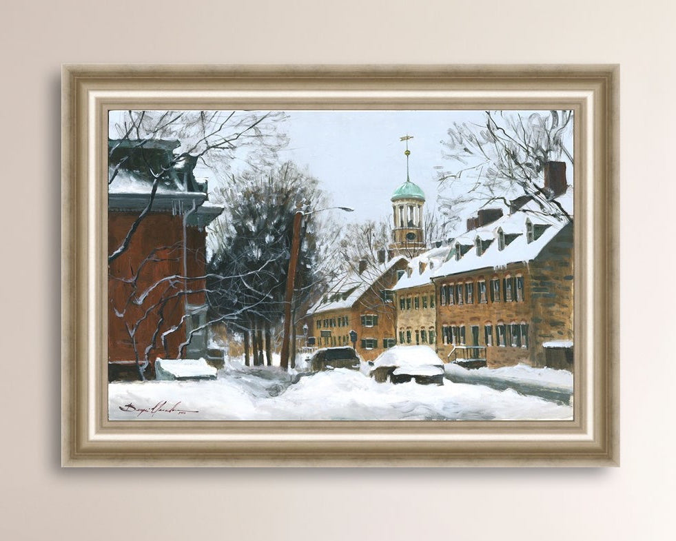 A canvas print depicting a snowy scene on Church Street with the Moravian Chapel and Church in the background.