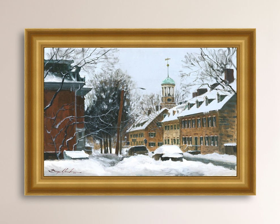 A canvas print depicting a snowy scene on Church Street with the Moravian Chapel and Church in the background.