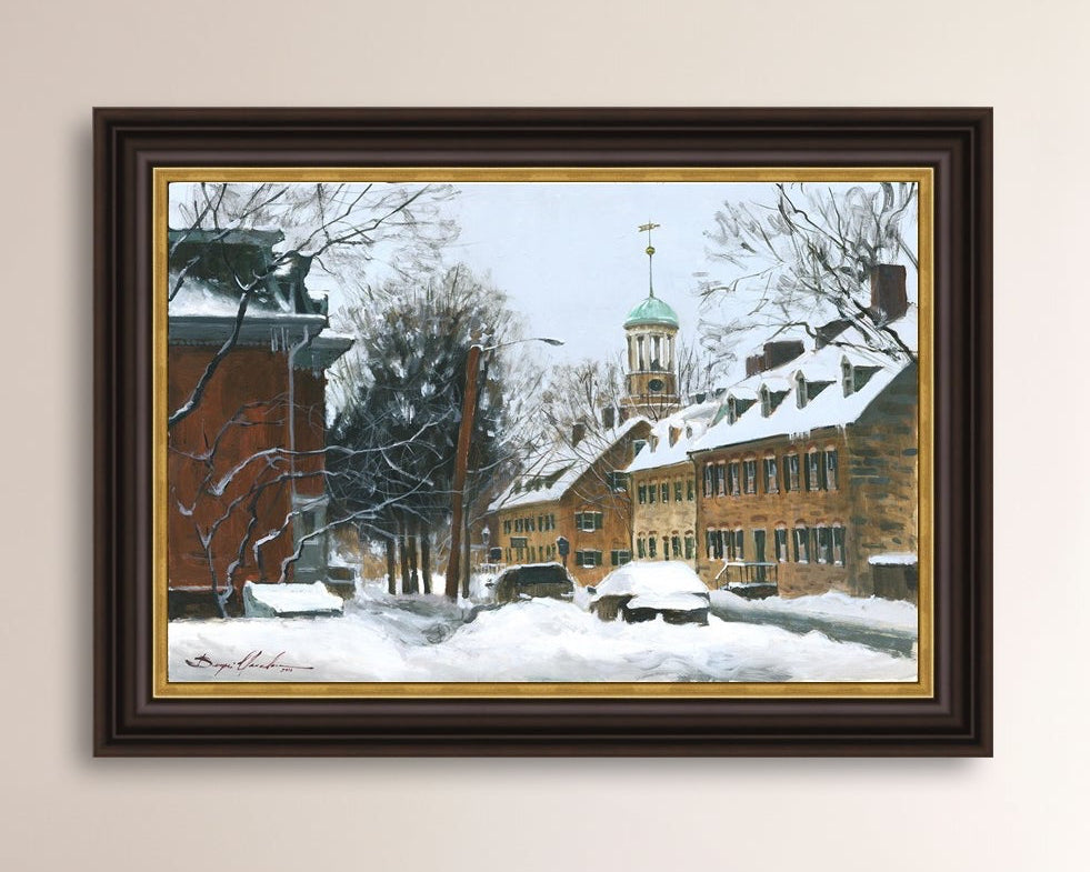 A canvas print depicting a snowy scene on Church Street with the Moravian Chapel and Church in the background.