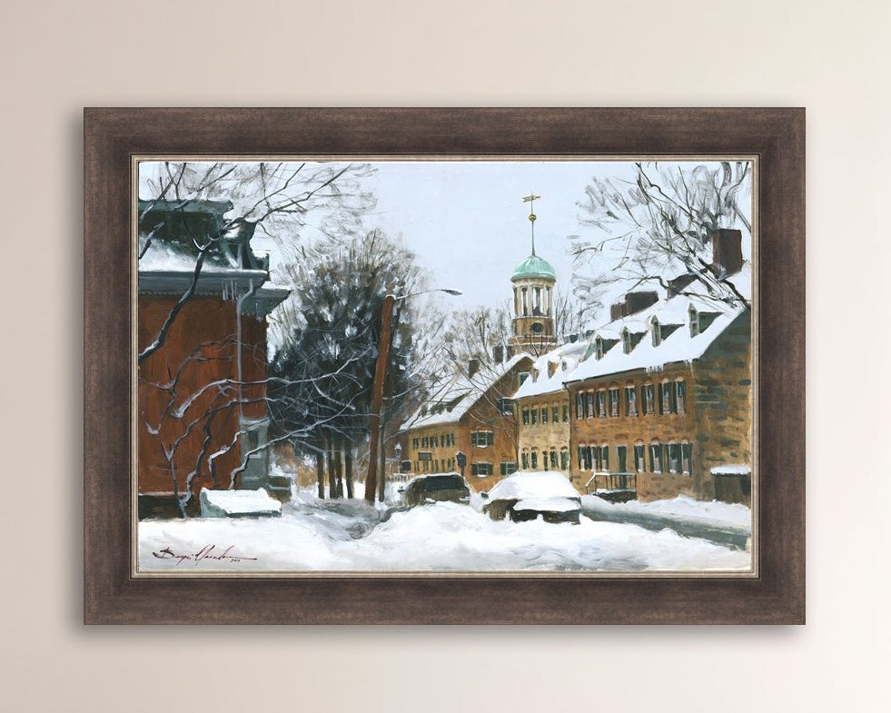 A canvas print depicting a snowy scene on Church Street with the Moravian Chapel and Church in the background.