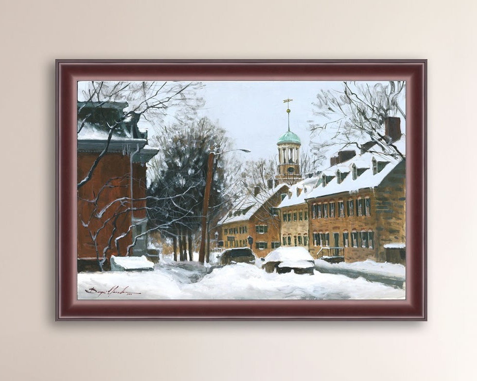 A canvas print depicting a snowy scene on Church Street with the Moravian Chapel and Church in the background.