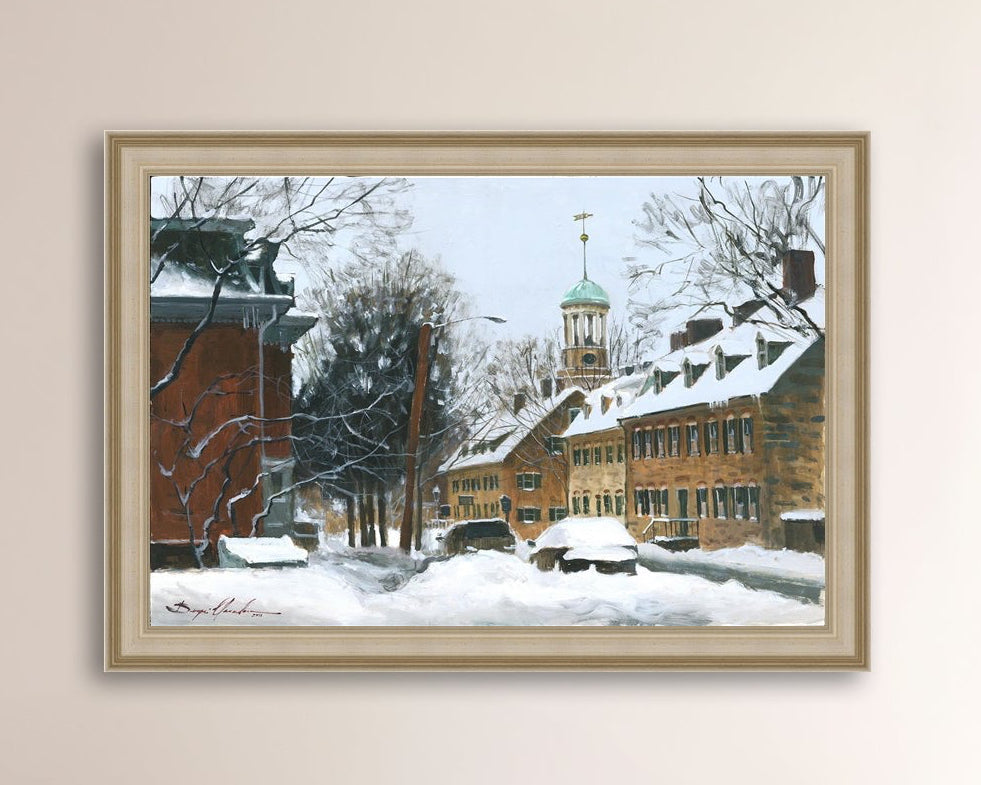 A canvas print depicting a snowy scene on Church Street with the Moravian Chapel and Church in the background.