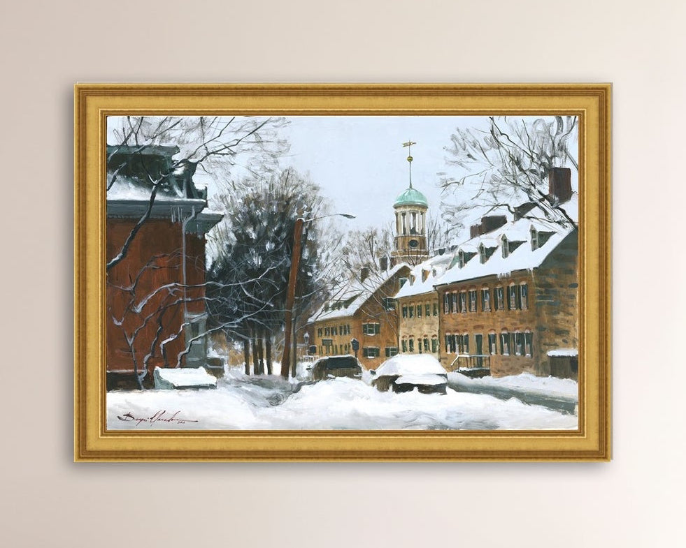 A canvas print depicting a snowy scene on Church Street with the Moravian Chapel and Church in the background.
