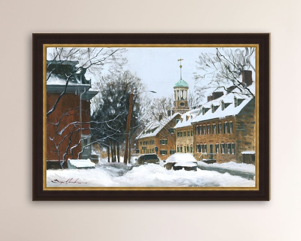 A canvas print depicting a snowy scene on Church Street with the Moravian Chapel and Church in the background.