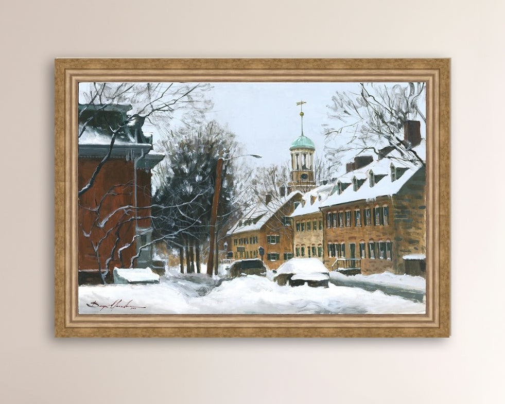 A canvas print depicting a snowy scene on Church Street with the Moravian Chapel and Church in the background.