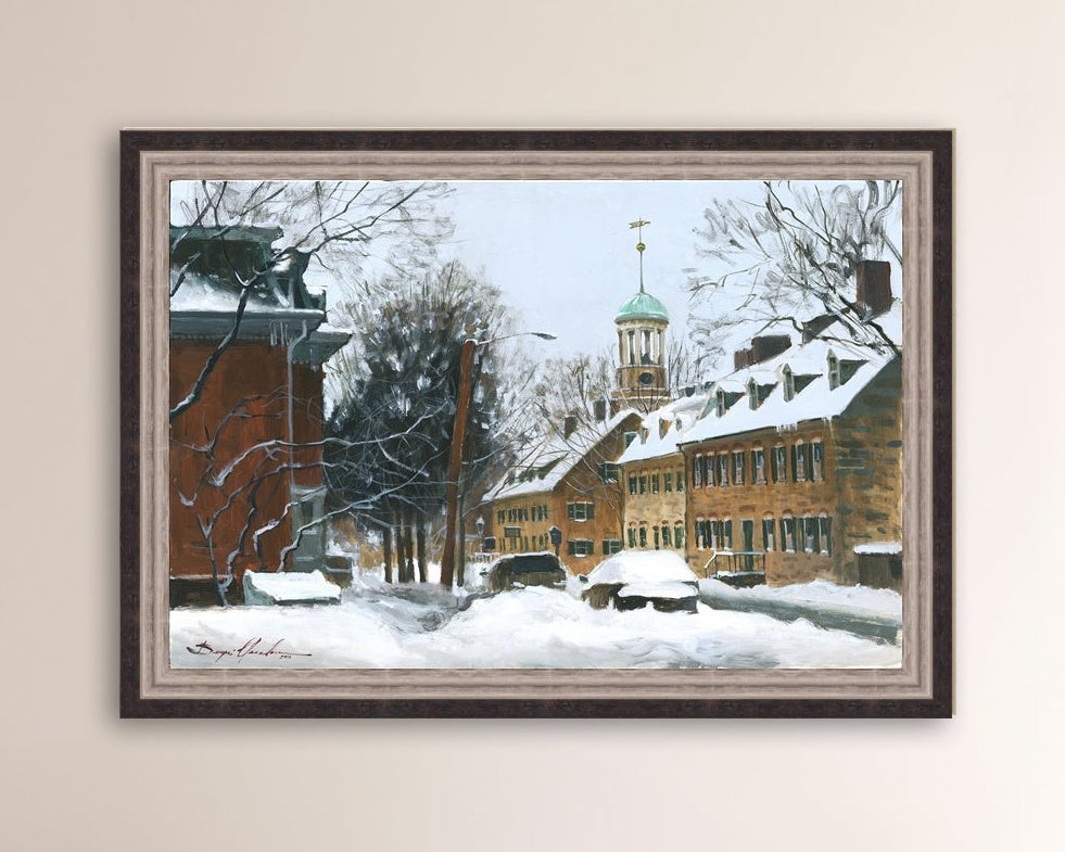 A canvas print depicting a snowy scene on Church Street with the Moravian Chapel and Church in the background.