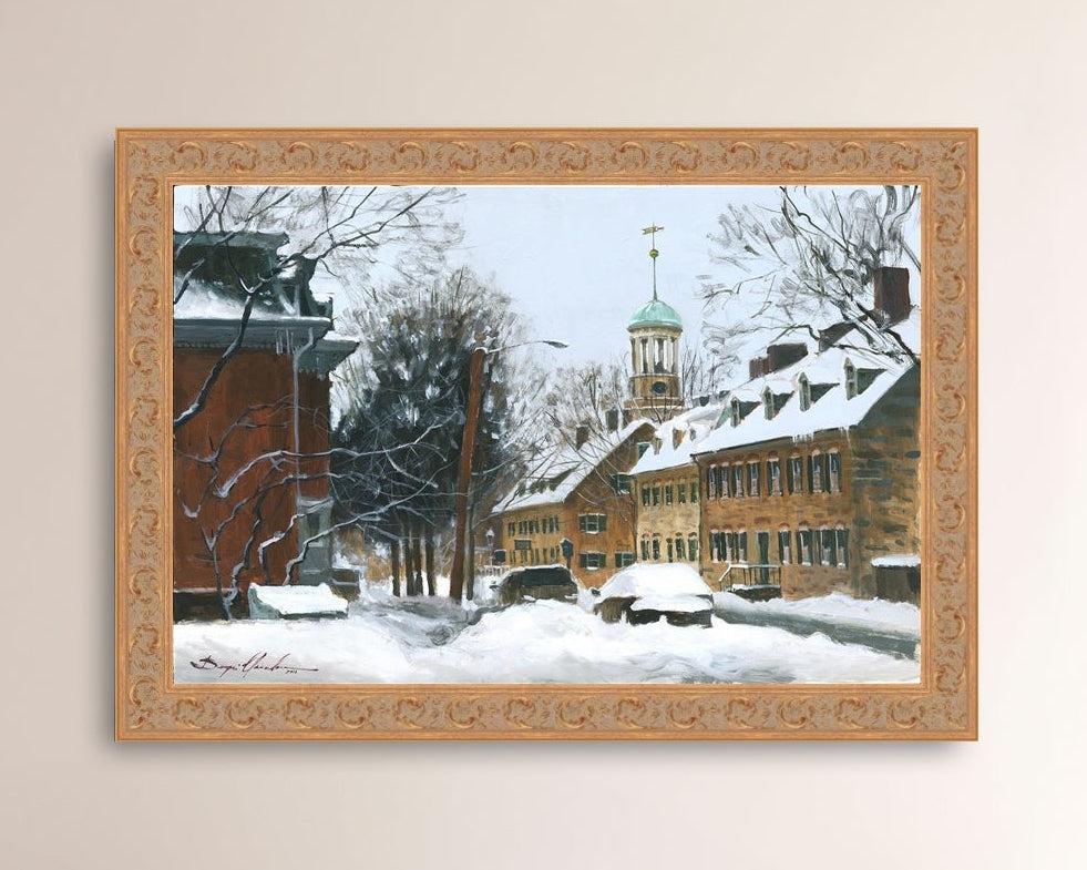 A canvas print depicting a snowy scene on Church Street with the Moravian Chapel and Church in the background.