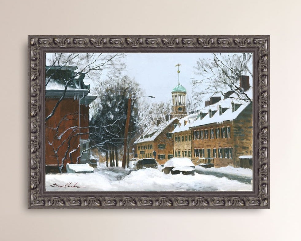 A canvas print depicting a snowy scene on Church Street with the Moravian Chapel and Church in the background.