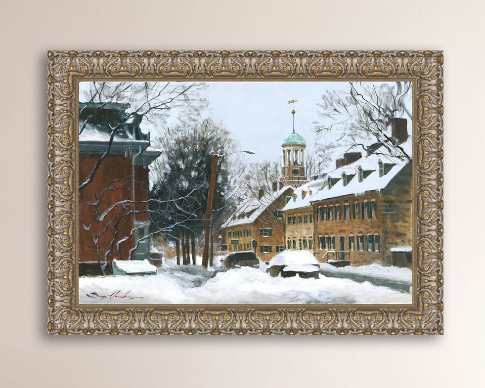 A canvas print depicting a snowy scene on Church Street with the Moravian Chapel and Church in the background.