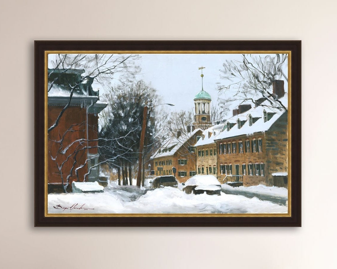 A canvas print depicting a snowy scene on Church Street with the Moravian Chapel and Church in the background.