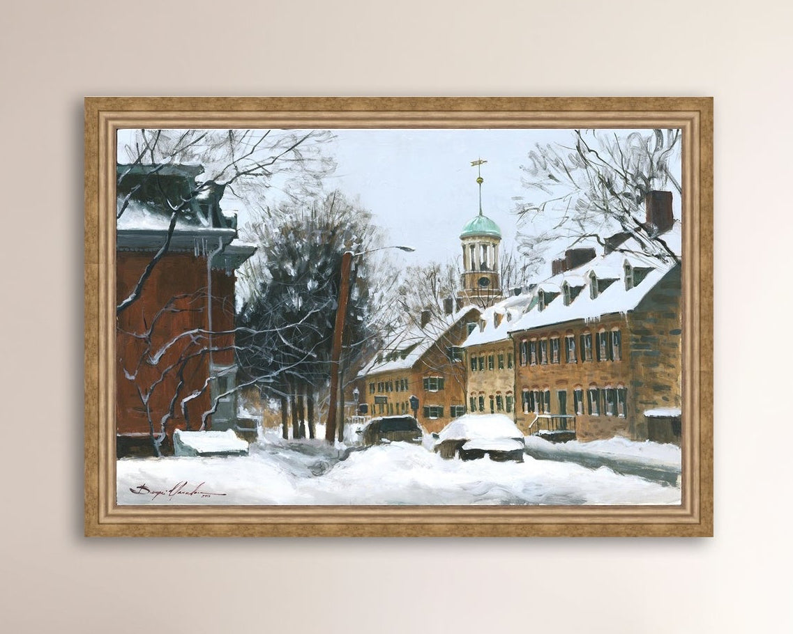 A canvas print depicting a snowy scene on Church Street with the Moravian Chapel and Church in the background.