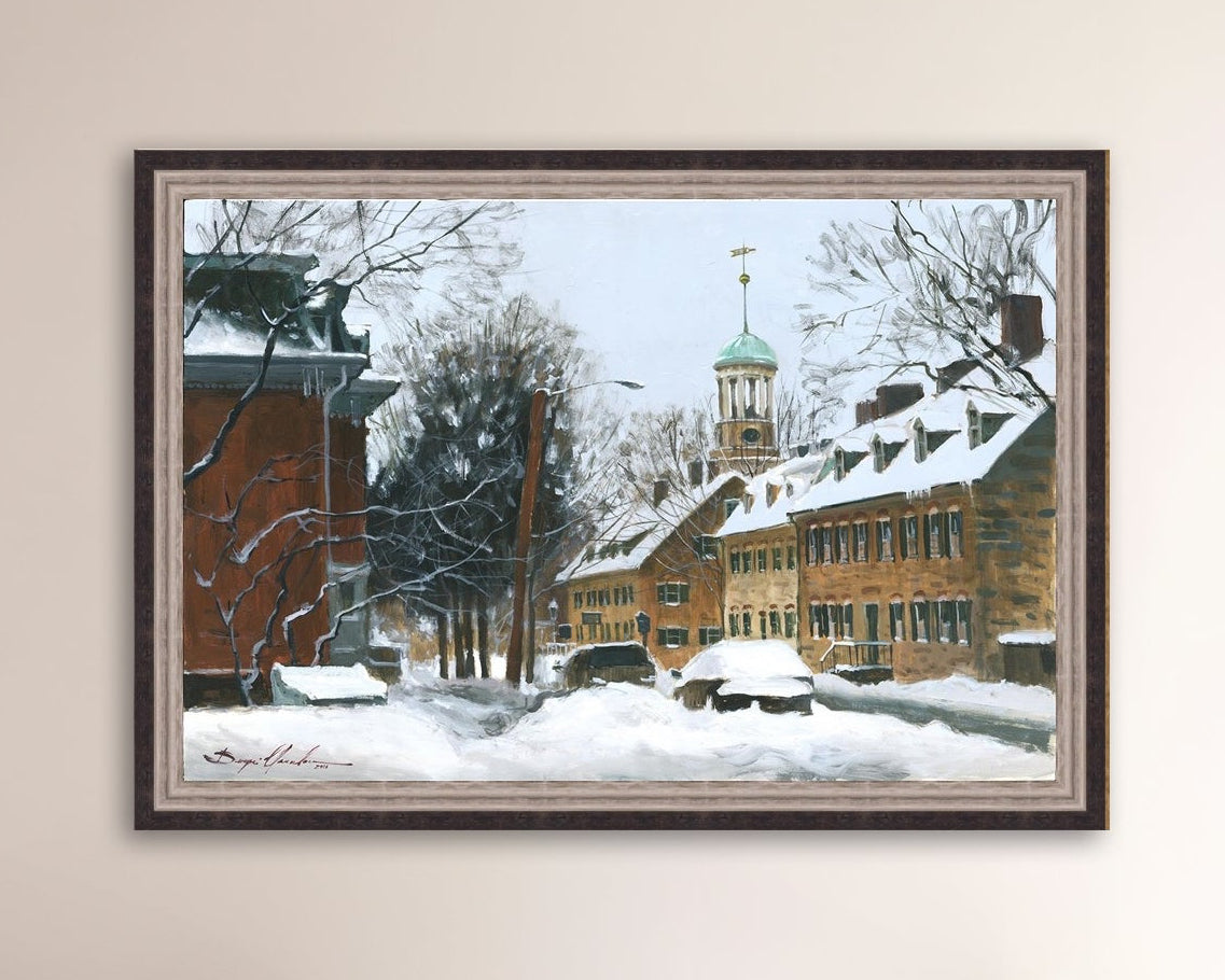 A canvas print depicting a snowy scene on Church Street with the Moravian Chapel and Church in the background.