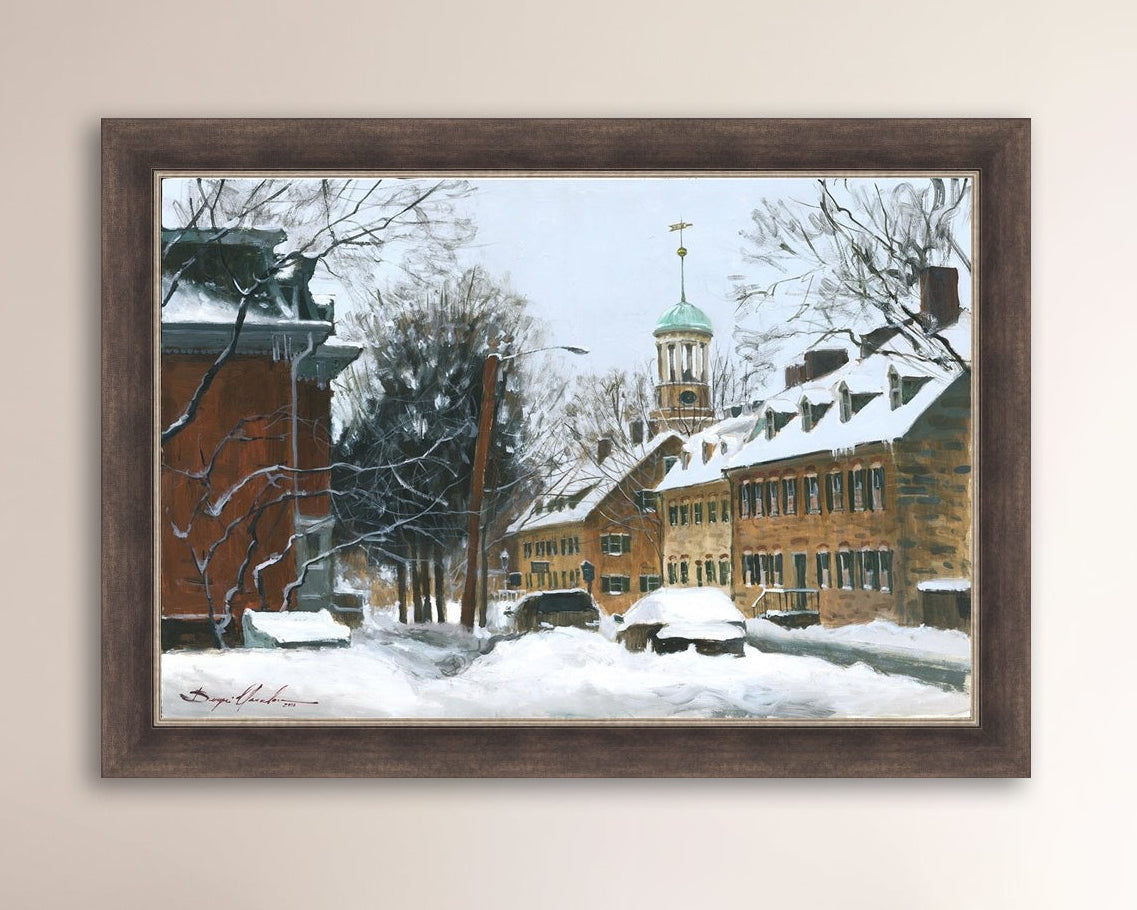 A canvas print depicting a snowy scene on Church Street with the Moravian Chapel and Church in the background.