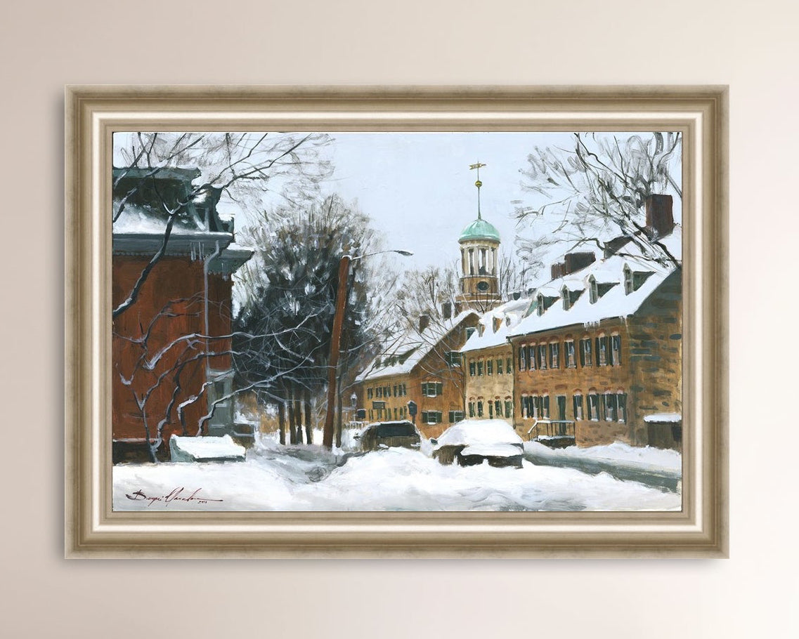 A canvas print depicting a snowy scene on Church Street with the Moravian Chapel and Church in the background.